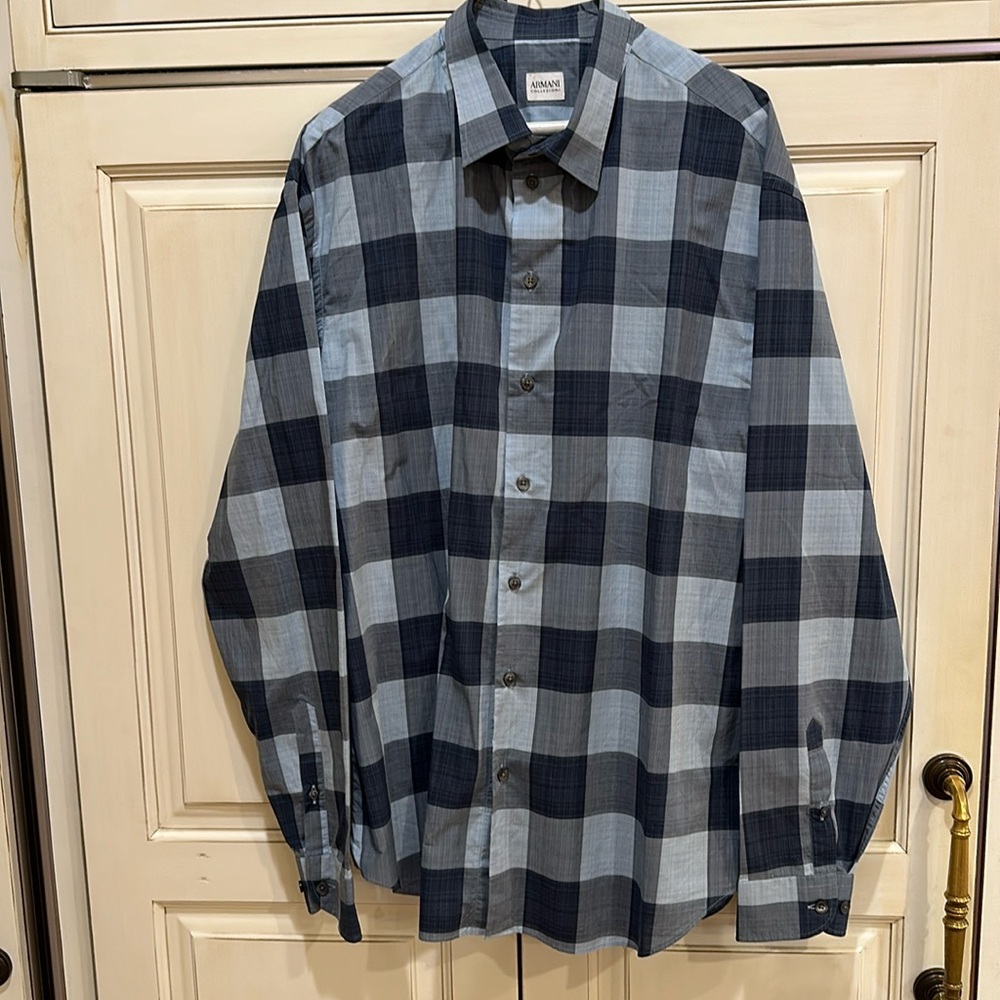 ARMANI COLLEZIONI BLUE BUFFALO PLAID COTTON MENS SHIRT IN XXL